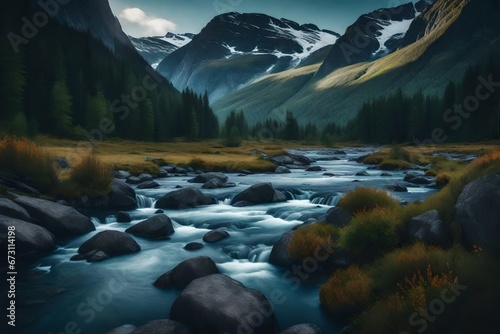 Mountain valley with the river in evening - AI Generative