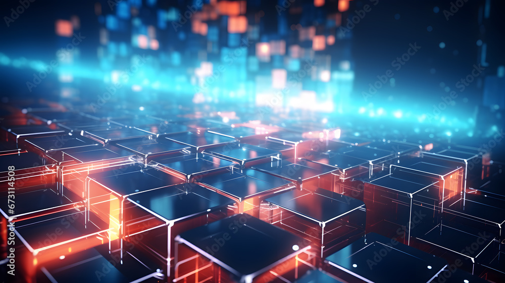 Fototapeta premium Abstract cyber world with rows of multiple stacks of boxes and merchandise, futuristic warehouse