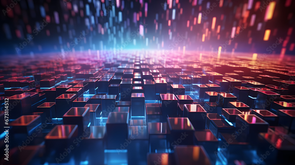 Abstract cyber world with rows of multiple stacks of boxes and merchandise, futuristic warehouse Abstract cyber world with rows of multiple stacks of boxes and merchandise, futuristic warehouse