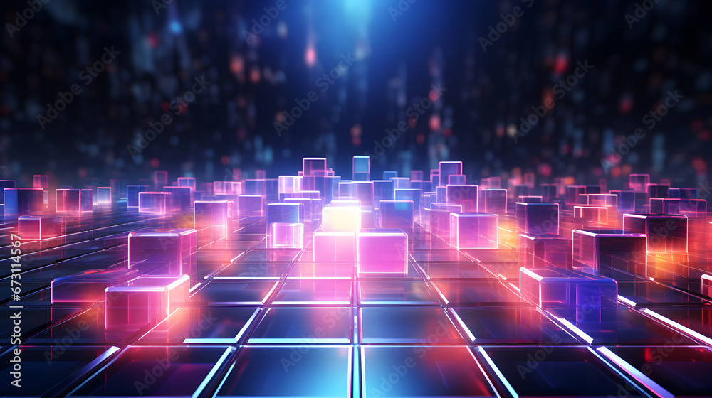 Abstract cyber world with rows of multiple stacks of boxes and merchandise, futuristic warehouse Abstract cyber world with rows of multiple stacks of boxes and merchandise, futuristic warehouse