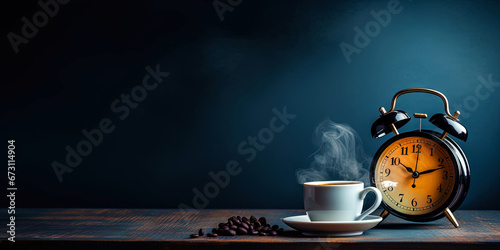 Vintage alarm clock and cup of coffee on the uniform dark backdrop with a copy space. Generative AI photo