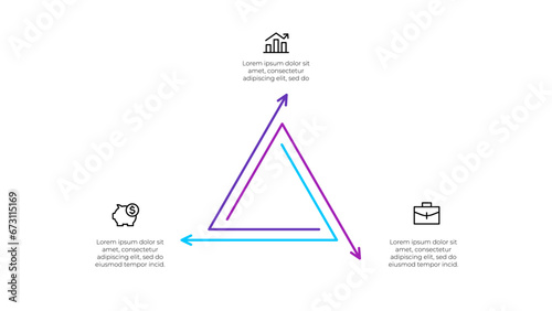 Vector outline triangle infographic cycle diagram with 3 options, steps, parts or processes