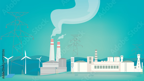 Electricity generation source in the night scene vector illustration. windmill, power generator and buildings  in flat design concept. photo