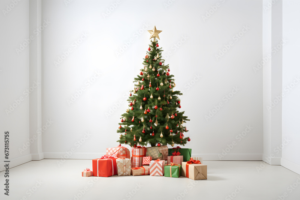 decorated christmas tree with a lot of gifts and presents in an empty white room