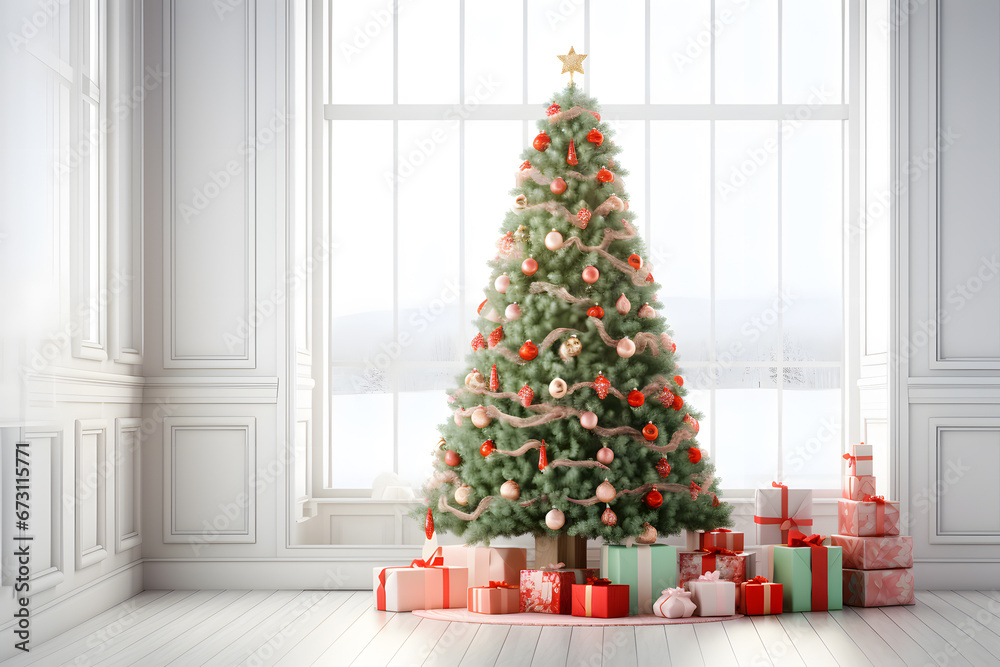 decorated christmas tree with a lot of gifts and presents in an empty white room
