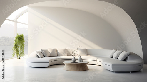 Interior of a luxury modern beige living room with sofa and big abstract arch. Generative AI