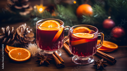 Two glasses of Mulled wine with slice of orange and spices