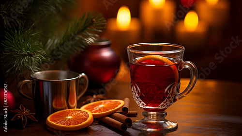 Mulled wine with cinnamon sticks and lemon isolated on the table