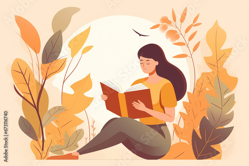 Young woman opening a huge open book surrounding the many flowers, leaves, plants. Back to school, library concept design. Vector illustration, poster and banner Book festival concept