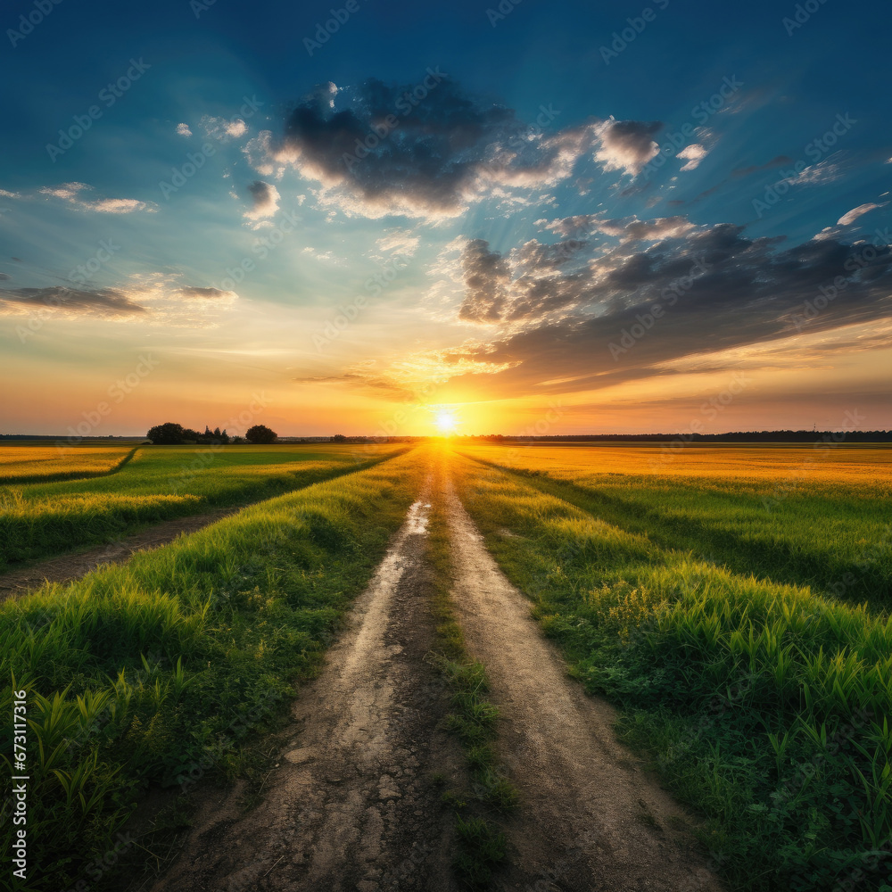 A straight dirt road leads through a beautiful field at sunset.