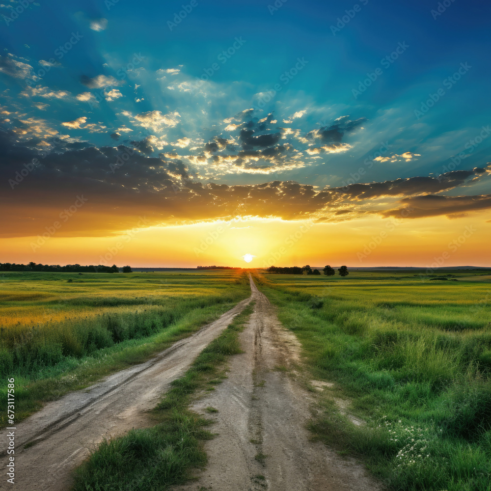 A straight dirt road leads through a beautiful field at sunset.
