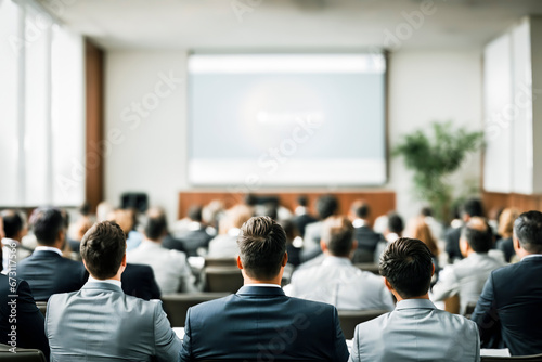 Back view of professionals attending a conference, with a focus on their attire and a projector screen in front. photo