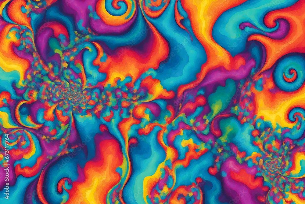 Vivid, abstract fractal art with swirling patterns in bold colors of blue, orange, purple, and yellow.