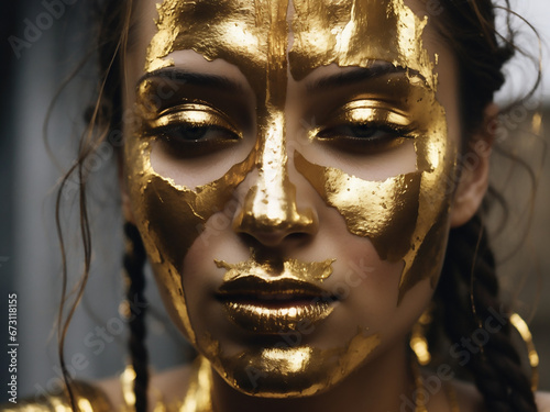 portrait of a woman, golden color, dripping, golden makeup