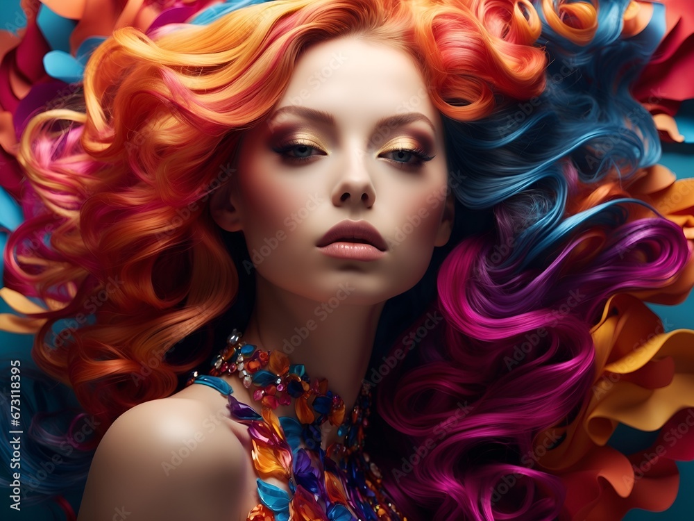 portrait of a woman with rainbow hair and colorful makeup