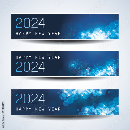 Set of Sparkling Shimmering Ice Cold Blue Horizontal Christmas, Happy New Year Headers or Banners for Web, Vector Design Template - 2024