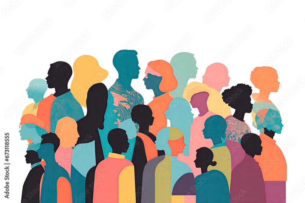 A colorful illustration of diverse silhouetted people in profile view.