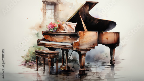 Illustration of a piano in colorful watercolors, isolated on a white background