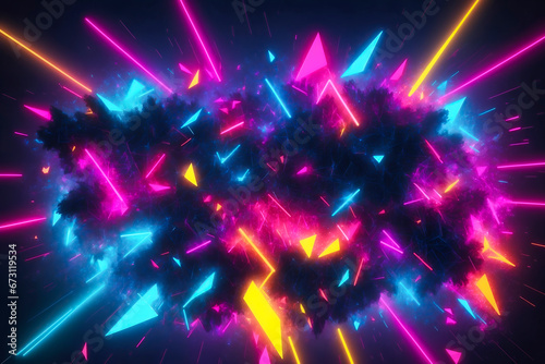 Dynamic 3D illustration of a cosmic explosion with neon geometric shapes  vibrant colors  and a space nebula effect.