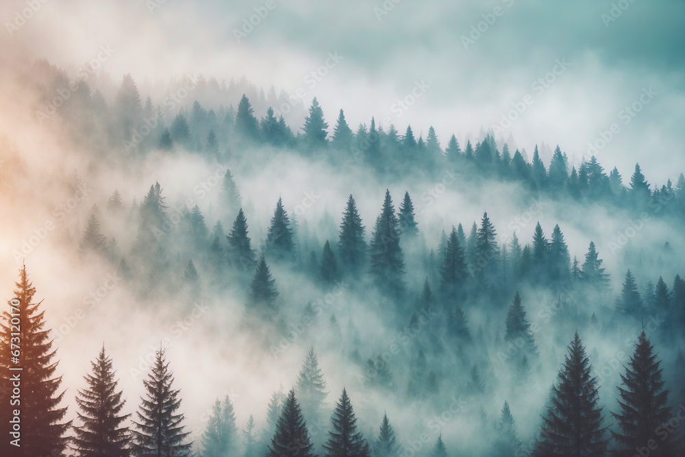 Misty forest at dawn with layers of fog among pine trees.