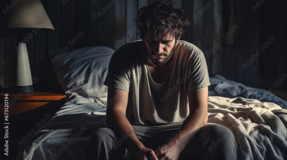 Sad depressed man sitting on bed at home. AI
