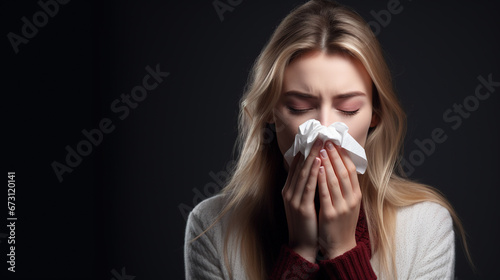 Young woman sneezing into a tissue. AI
