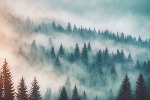 Misty forest at dawn with layers of fog among pine trees.