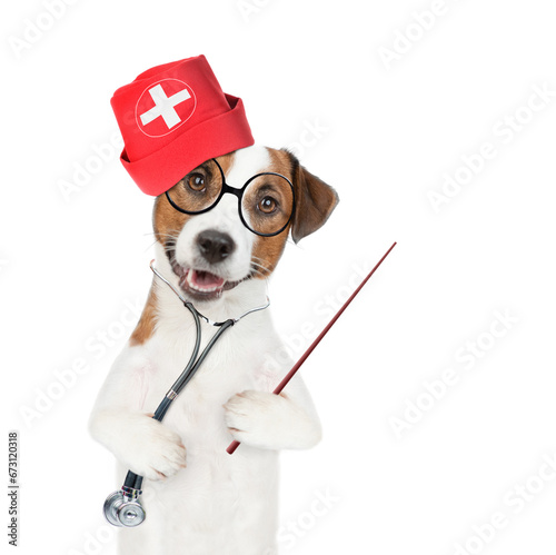 Smart jack russell terrier puppy wearing like a doctor with stethoscope on his neck pointing away on empty space. isolated on white background © Ermolaev Alexandr