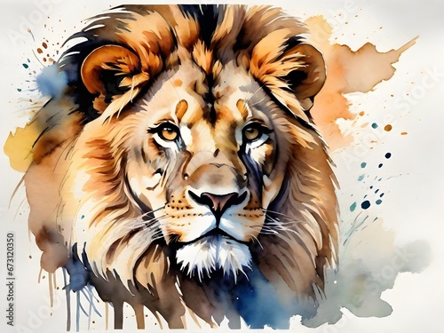 Watercolor illustration style realistic of a Beautiful majestic and proud lion head portratit on white background. illustration painting.
