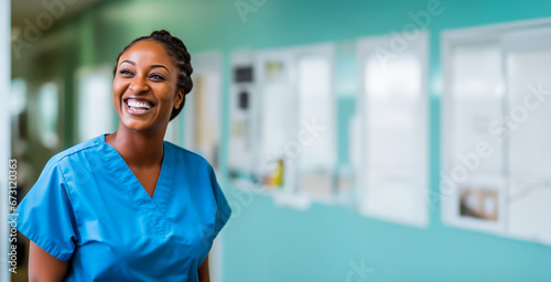 Nurse or healthcare professional looking happy and smiling. Colored woman wearing scrubs nurse uniform. Shallow field of view with copy space. photo