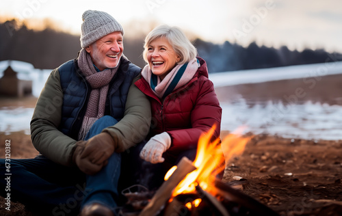 Mature senior couple sitting by a campfire, keeping warm and talking in winter with snow around them. Outdoor dating, adventure and being cozy by a fire. Shallow field of view photo