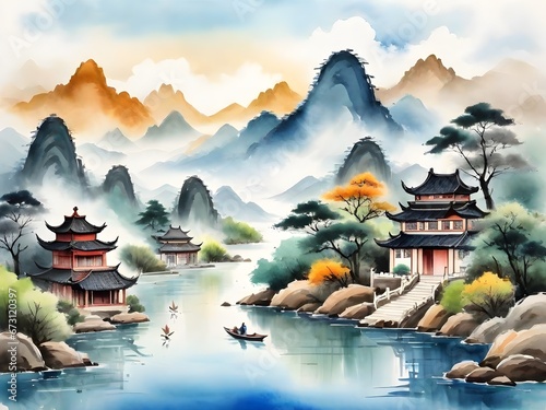 Holiday season postcard style illustration. Japanese painting style landscape. asian traditional culture. illustration, drawing, relaxation. tranquillity