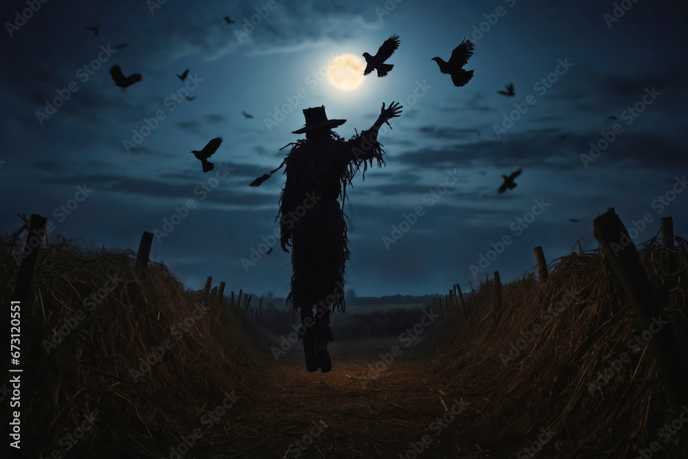 Scarecrow suspended in air at night with crows flying around under a full moon. Scarecrow suspended in air at night with crows flying around under a full moon.