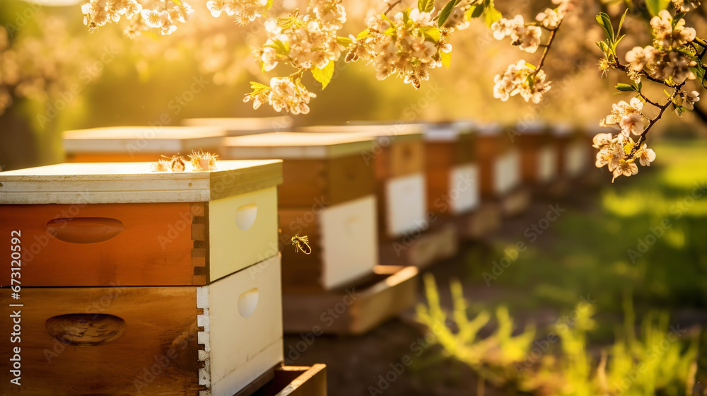 Closeup of honey hives in an apiary, sunny day. Apiculture concept. Generative AI Closeup of honey hives in an apiary, sunny day. Apiculture concept. Generative AI
