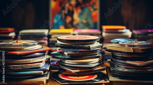A stack of vintage vinyl records with colorful labels, forming a captivating arrangement photo