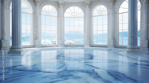 A Luxurious Sunlit Room With a Blue Marble Floor and Tall Arched Windows photo