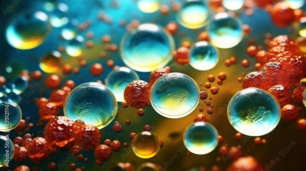 Naklejka premium Abstract biology. Microscopy of colorful organic structures, microorganisms, cells. Microbiology concept. Generative AI