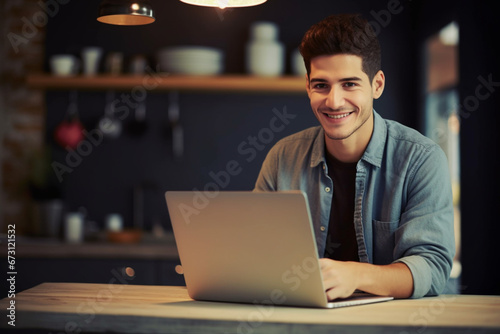 Shot of a happy young man using his laptop while sitting in his kitchen at home
