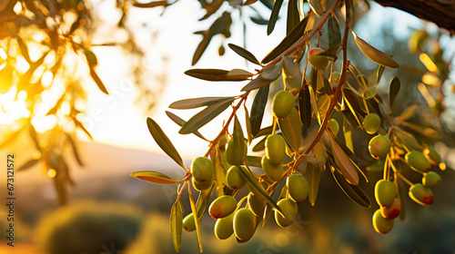 Closeup of olives with dew drops on the branch of olive tree on the sunset. Generative AI photo