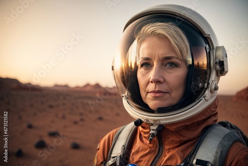 Close-up of a beautiful adult blonde astronaut woman wearing an orange spacesuit looks into the distance against the background of the Mars planet, copy space © liliyabatyrova