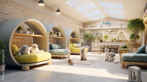 Design a pet-friendly home interior with designated pet zones, easy-to-clean surfaces, and integrated feeding stations for the furry family members