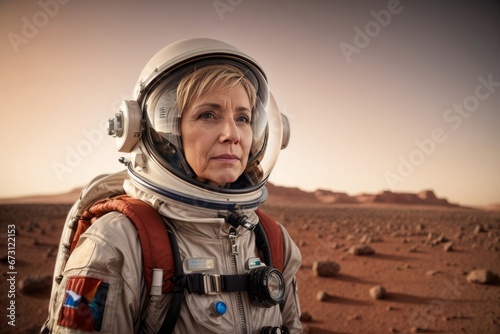 Female astronaut in a spacesuit on Mars or other planet. The first people on Mars concepts © liliyabatyrova