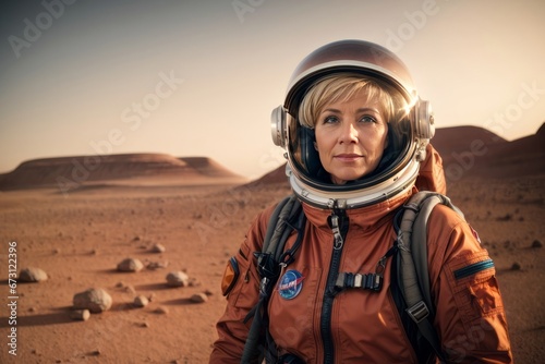 A beautiful adult blonde cosmonaut woman wearing a spacesuit looks into the camera and smiles against the background of the planet. The first people on Mars concepts © liliyabatyrova