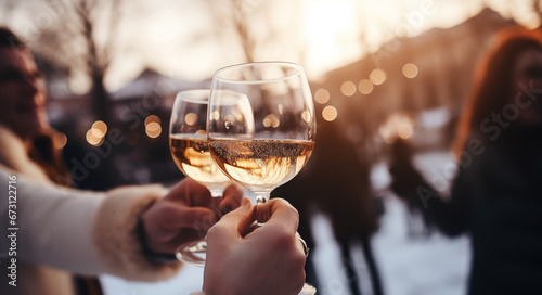 People cheers, making toasts with wine and champagne glasses at a party celebration with friends enjoy a Christmas winter evening.