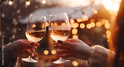 People cheers, making toasts with wine and champagne glasses at a party celebration with friends enjoy a Christmas or holiday evening.