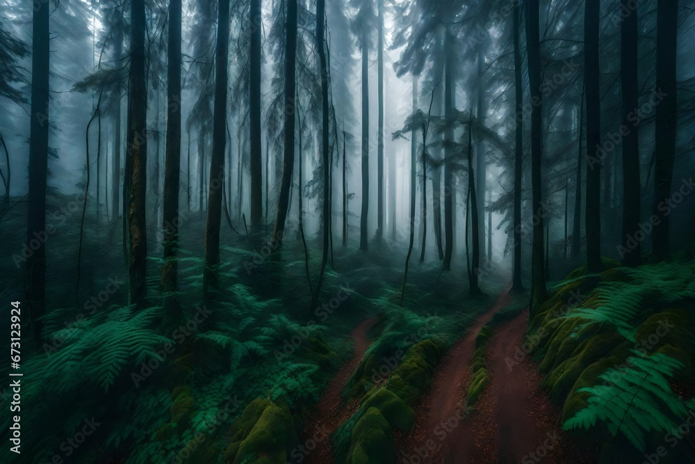 View of forest with fog - AI Generative