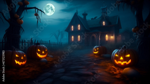 Halloween background with pumpkins and a haunted house. Halloween background with Evil Pumpkin. Spooky scary dark Night forest. Holiday event Halloween banner background concept.