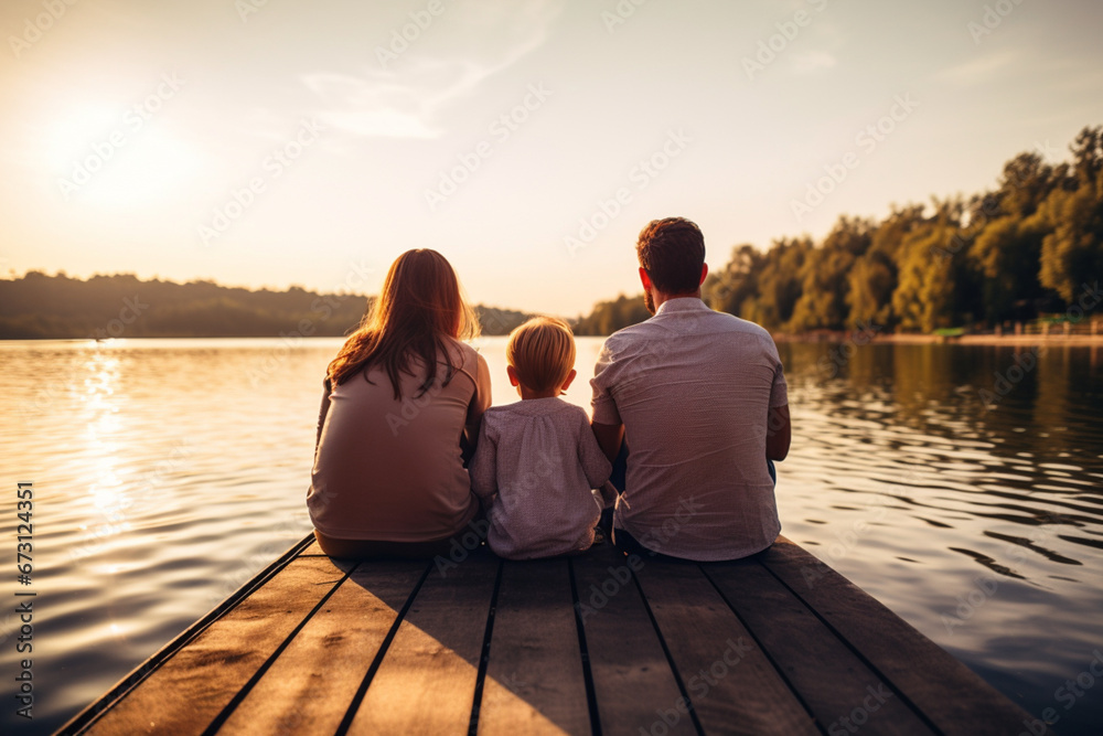 Side view of a smiling family of four sitting on the edge of a pier and admiring the lake