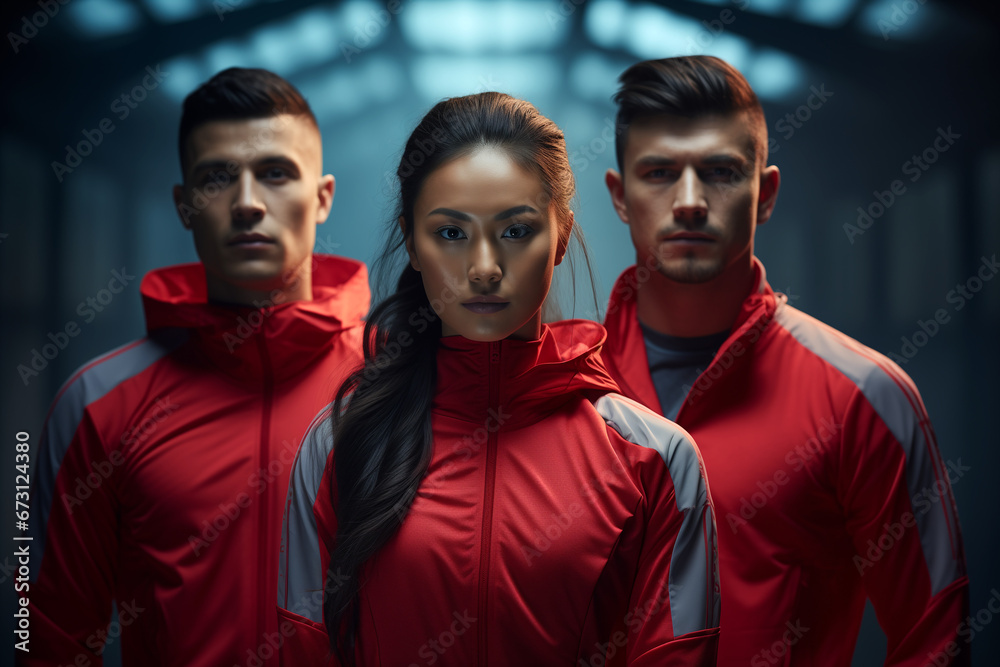 group of athletic people wearing red and grey sportswear. Sport and fitness campaign.