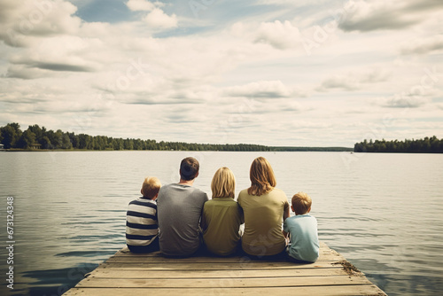 Side view of a smiling family of four sitting on the edge of a pier and admiring the lake © alisaaa